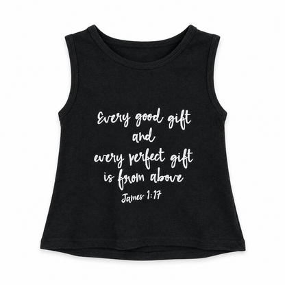 James 1:17 Organic Baby + Kids Tank in B+W James 1:17, front view on white.