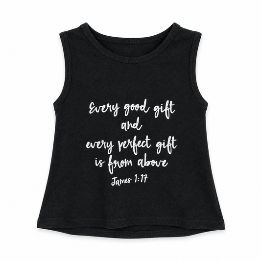 James 1:17 Organic Baby + Kids Tank in B+W James 1:17, front view on white.