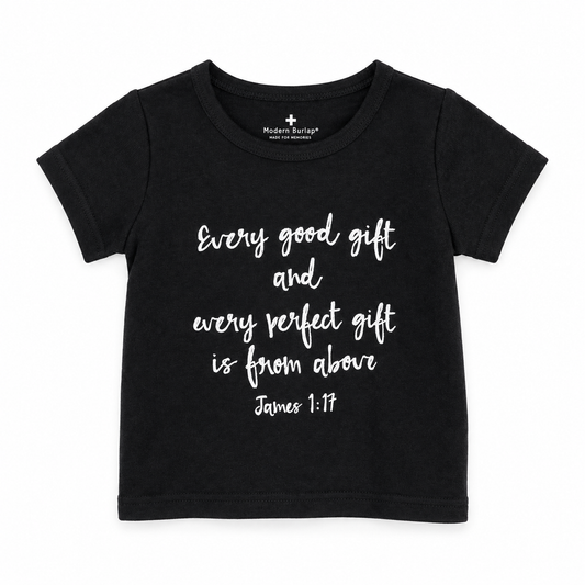 James 1:17 Organic Baby + Kids Tee in B+W James 1:17, front view on white.