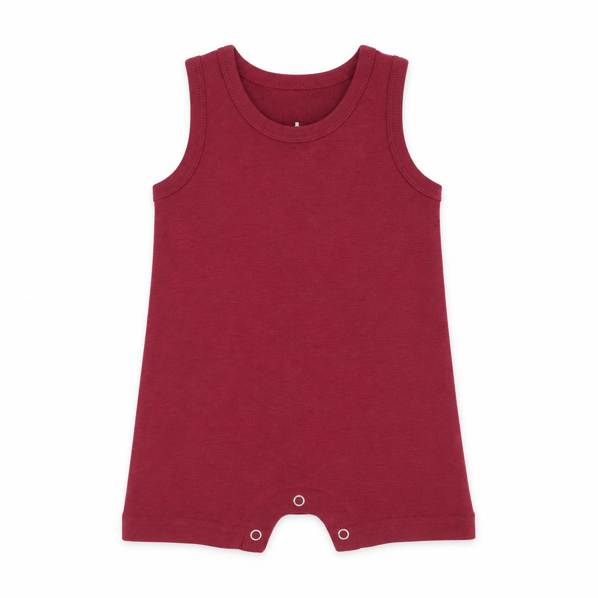Organic Baby Tank Romper in Maroon, studio product view on white.