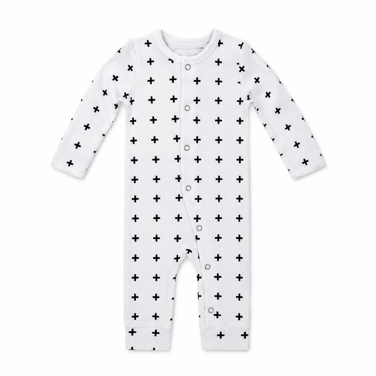 Organic Baby Button Coverall in B+W Swiss Cross, studio product view on white.