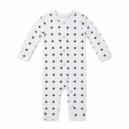 Organic Baby Button Coverall in B+W Swiss Cross, studio product view on white.