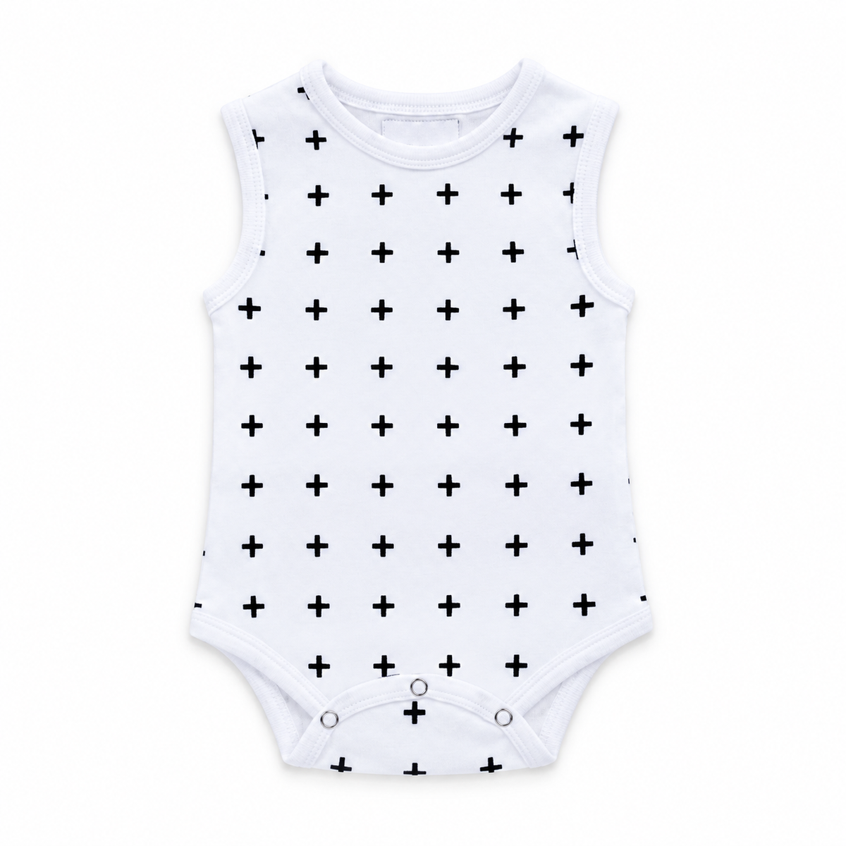 Organic Baby Tank Bodysuit in B+W Swiss Cross, studio product view on white.