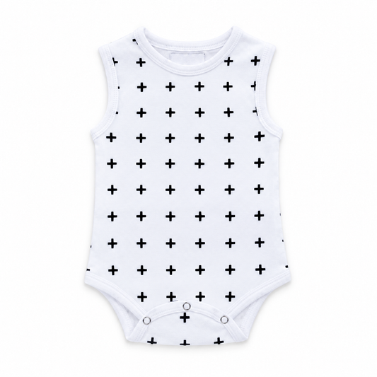 Organic Baby Tank Bodysuit in B+W Swiss Cross, studio product view on white.