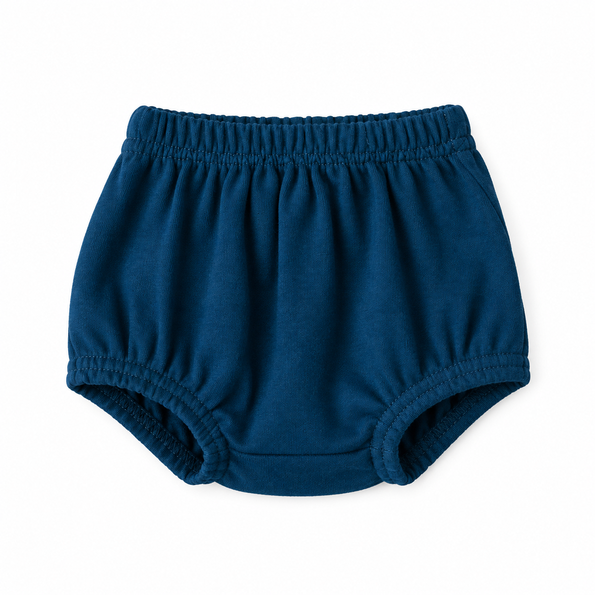 Organic Baby Bloomers in Sailor Blue, studio product view on white.