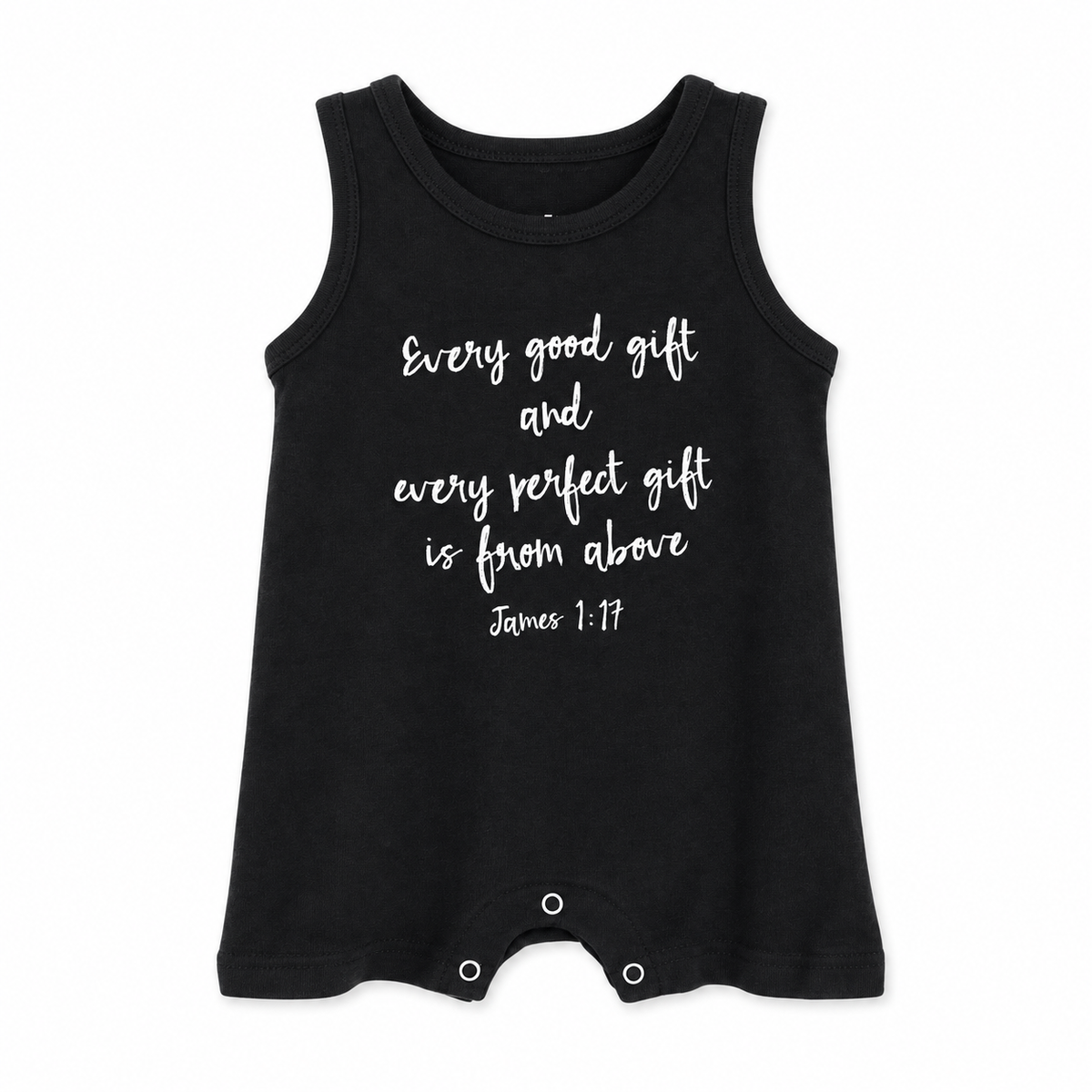 James 1:17 Organic Tank Romper in B+W James 1:17, front view on white.