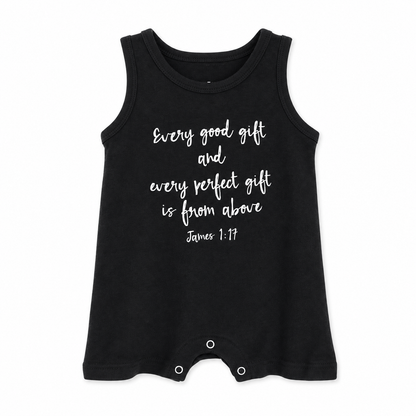 James 1:17 Organic Tank Romper in B+W James 1:17, front view on white.