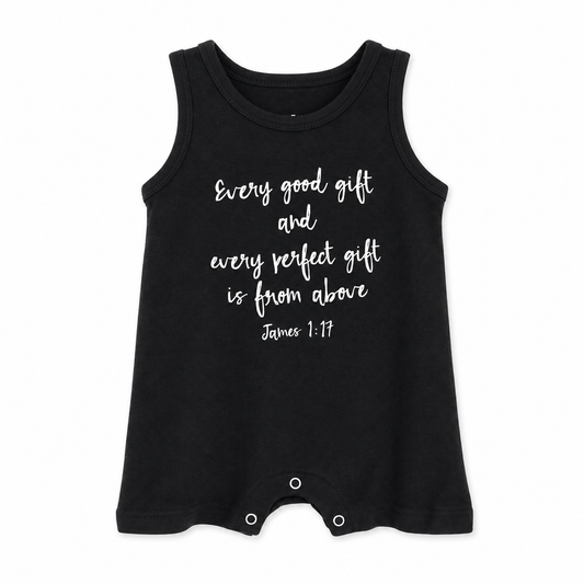 James 1:17 Organic Tank Romper in B+W James 1:17, front view on white.