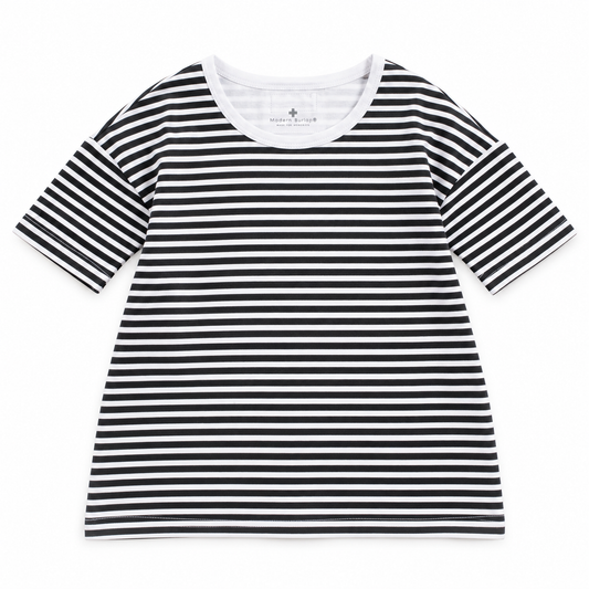 Organic Baby + Kids Slouch Dress in B+W Stripes, studio product view on white.