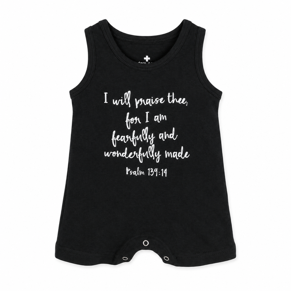 Psalm 139:14 Organic Tank Romper in B+W Psalm 139:14, studio product photo on white.