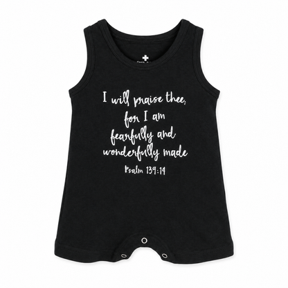 Psalm 139:14 Organic Tank Romper in B+W Psalm 139:14, studio product photo on white.