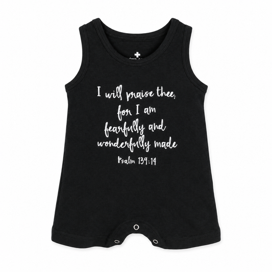 Psalm 139:14 Organic Tank Romper in B+W Psalm 139:14, studio product photo on white.