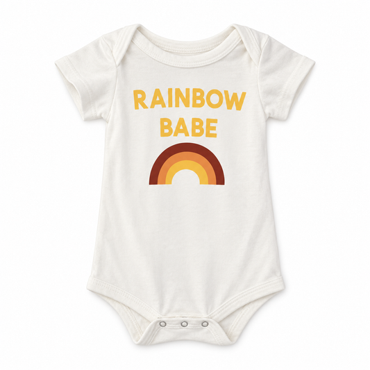Rainbow Babe Organic Baby Short Sleeve Bodysuit, studio product photo on white.