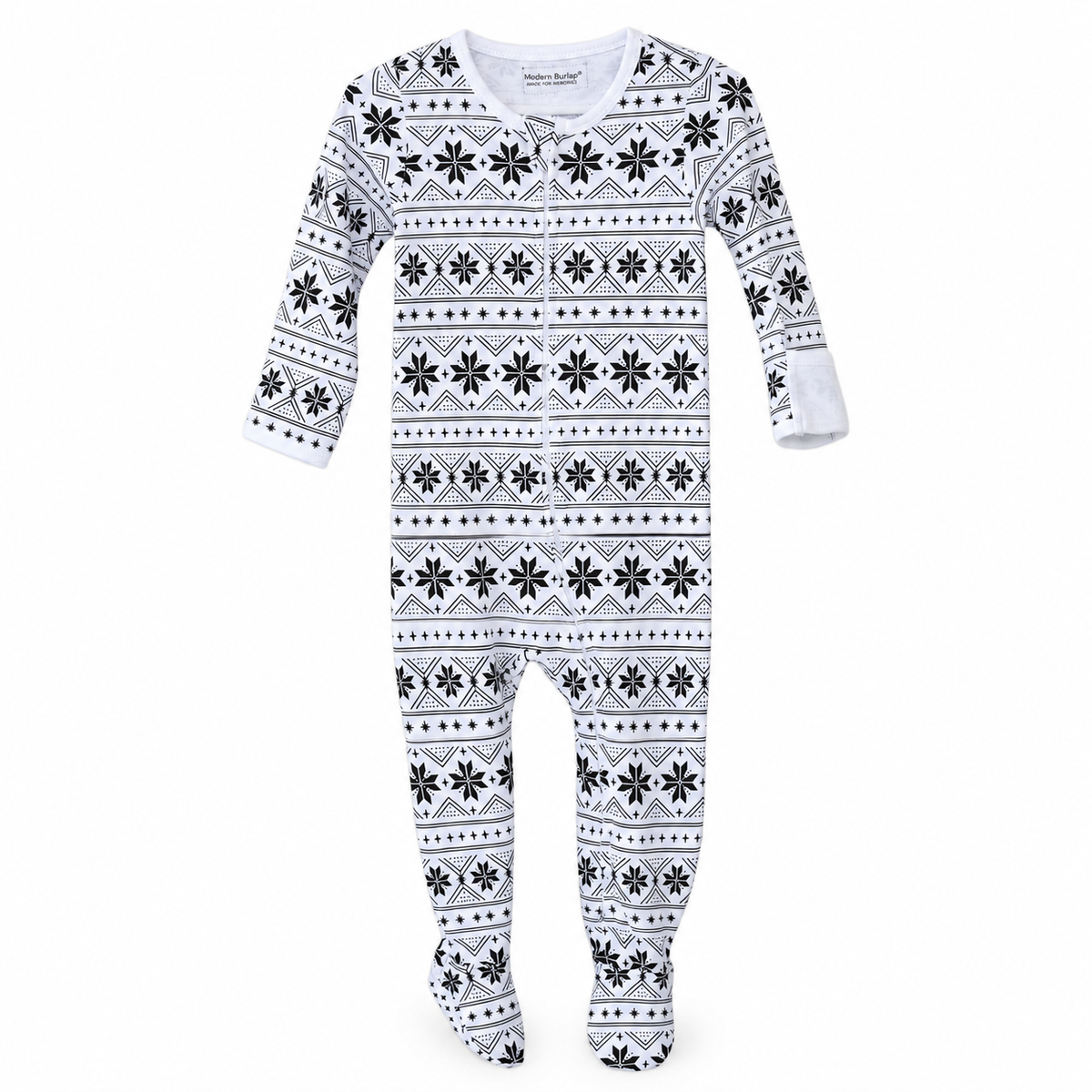 Organic Baby Zip Footie | Seasonal + White on Black Prints in Black on White Nordic Winter, studio product photo on white.