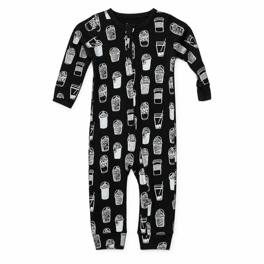 Organic Baby Zip Coverall | Signature Prints in White on Black Coffee Love, studio product photo on white.