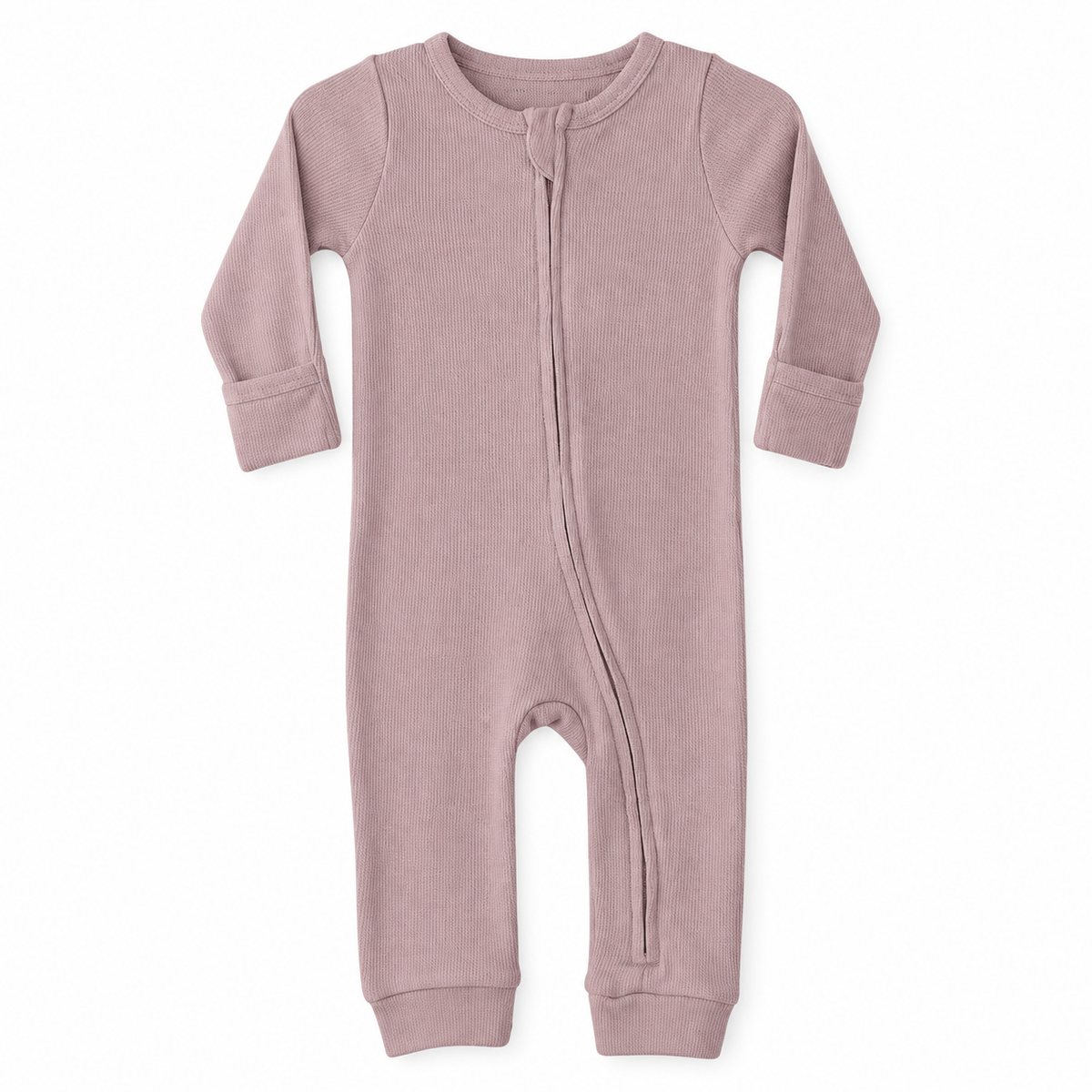 Organic Thermal Baby Zip Coverall | Solid Colors in Mauve, studio product photo on white.