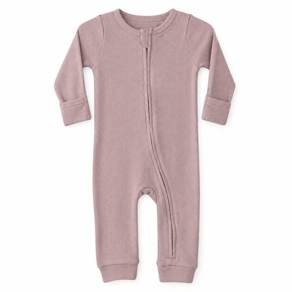 Organic Thermal Baby Zip Coverall | Solid Colors in Mauve, studio product photo on white.