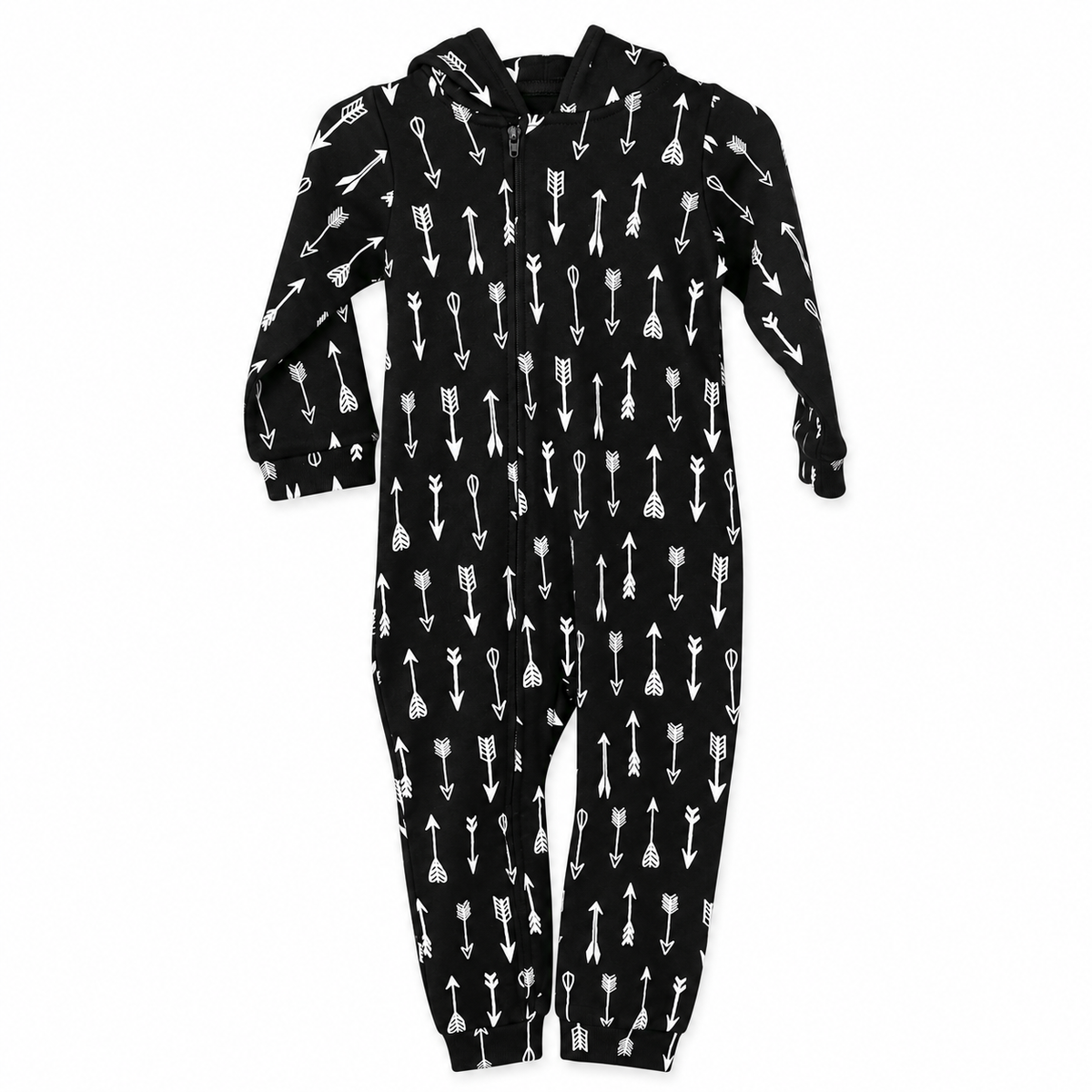 Organic Baby Hoodie Zip Coverall | Signature Prints in White on Black Arrows, studio product photo on white.