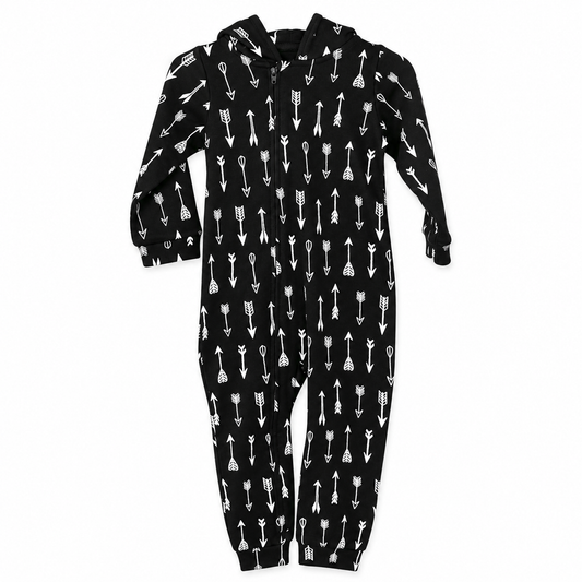 Organic Baby Hoodie Zip Coverall | Signature Prints in White on Black Arrows, studio product photo on white.