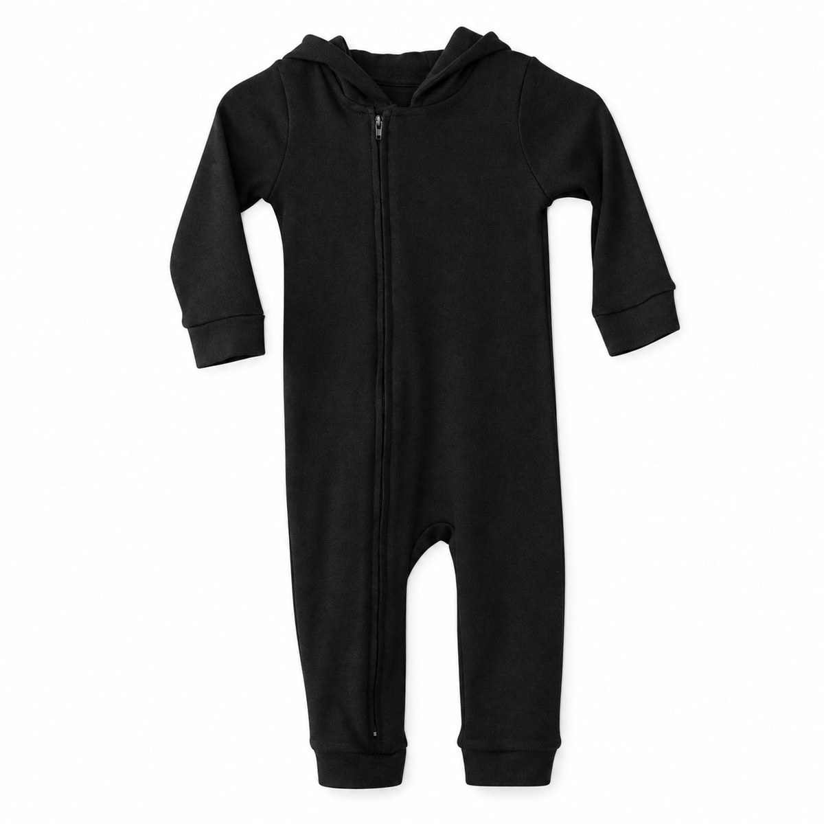Organic Baby Hoodie Zip Coverall | Solid Colors in Black, studio product photo on white.