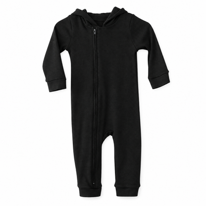 Organic Baby Hoodie Zip Coverall | Solid Colors in Black, studio product photo on white.