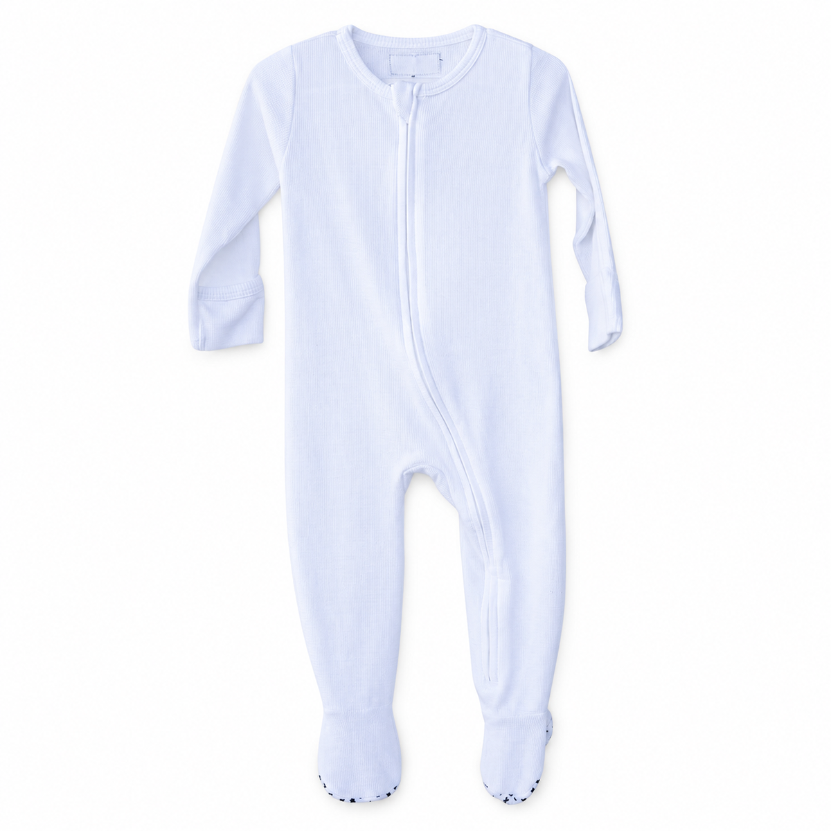 Organic Thermal Zip Footie | Solid Colors in White, studio product photo on white.