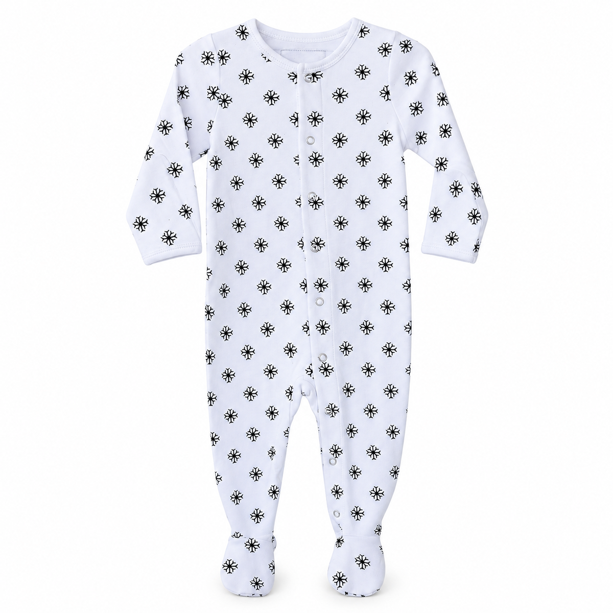 Organic Baby Explorer Back Footie | Signature Prints in Black on White Snowflakes, studio product photo on white.