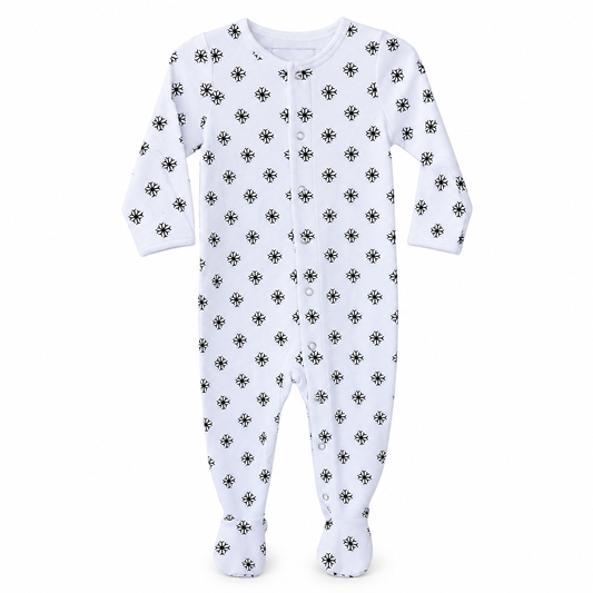 Organic Baby Explorer Back Footie | Signature Prints in Black on White Snowflakes, studio product photo on white.