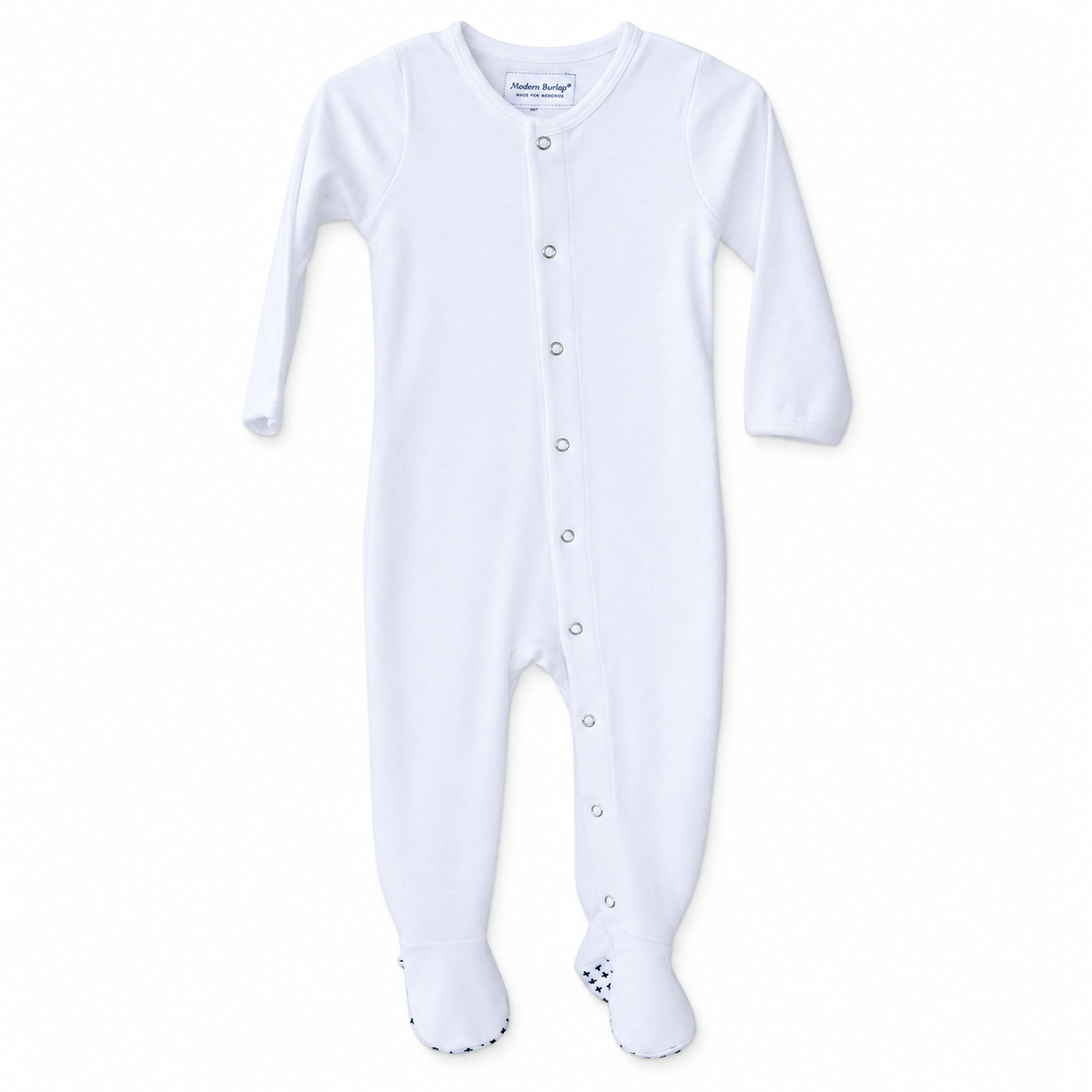 Organic Baby Explorer Back Footie | Solid Colors in White, studio product photo on white.