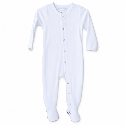 Organic Baby Explorer Back Footie | Solid Colors in White, studio product photo on white.