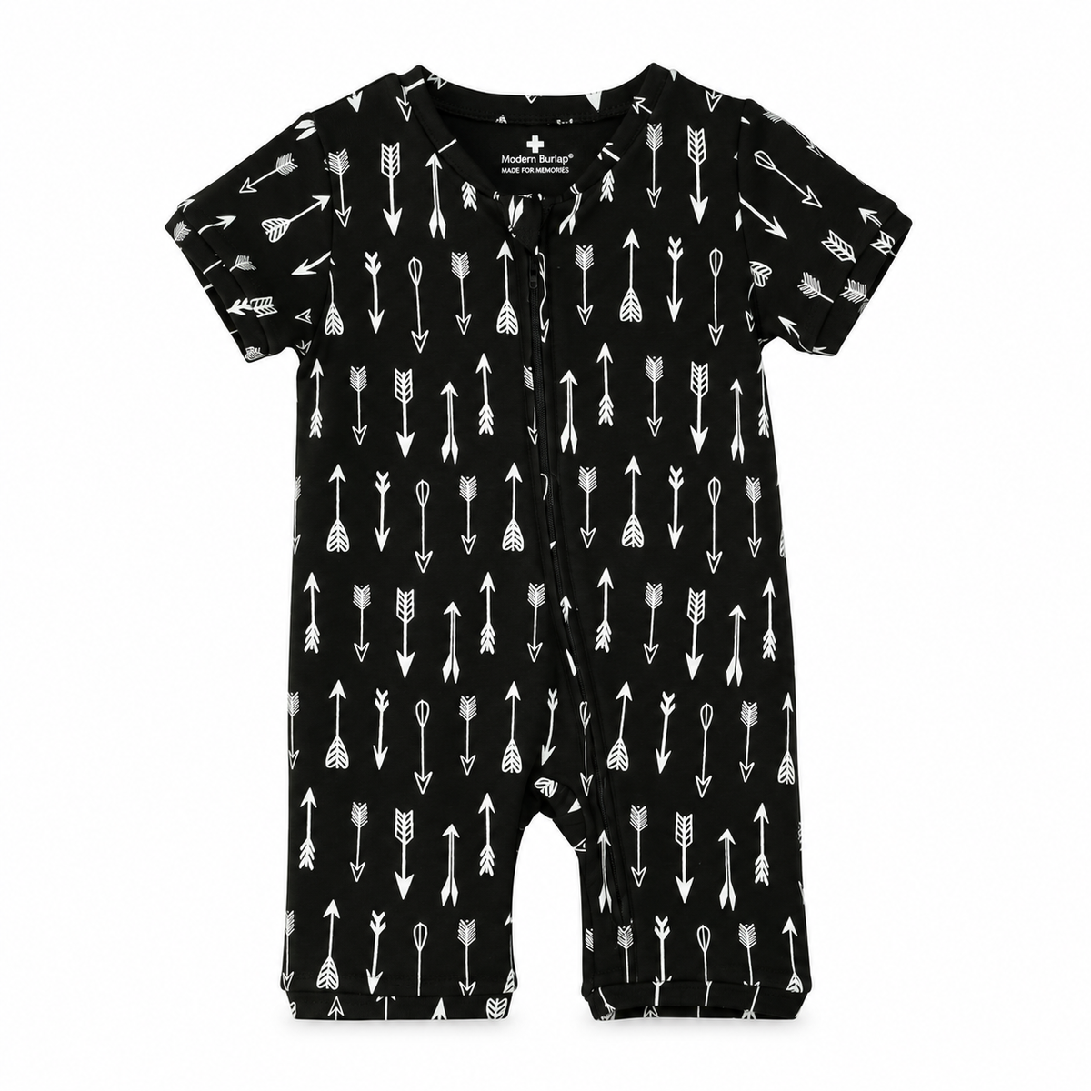 Organic Baby Short Sleeve Zip Romper | Signature Prints in White on Black Arrows, studio product photo on white.