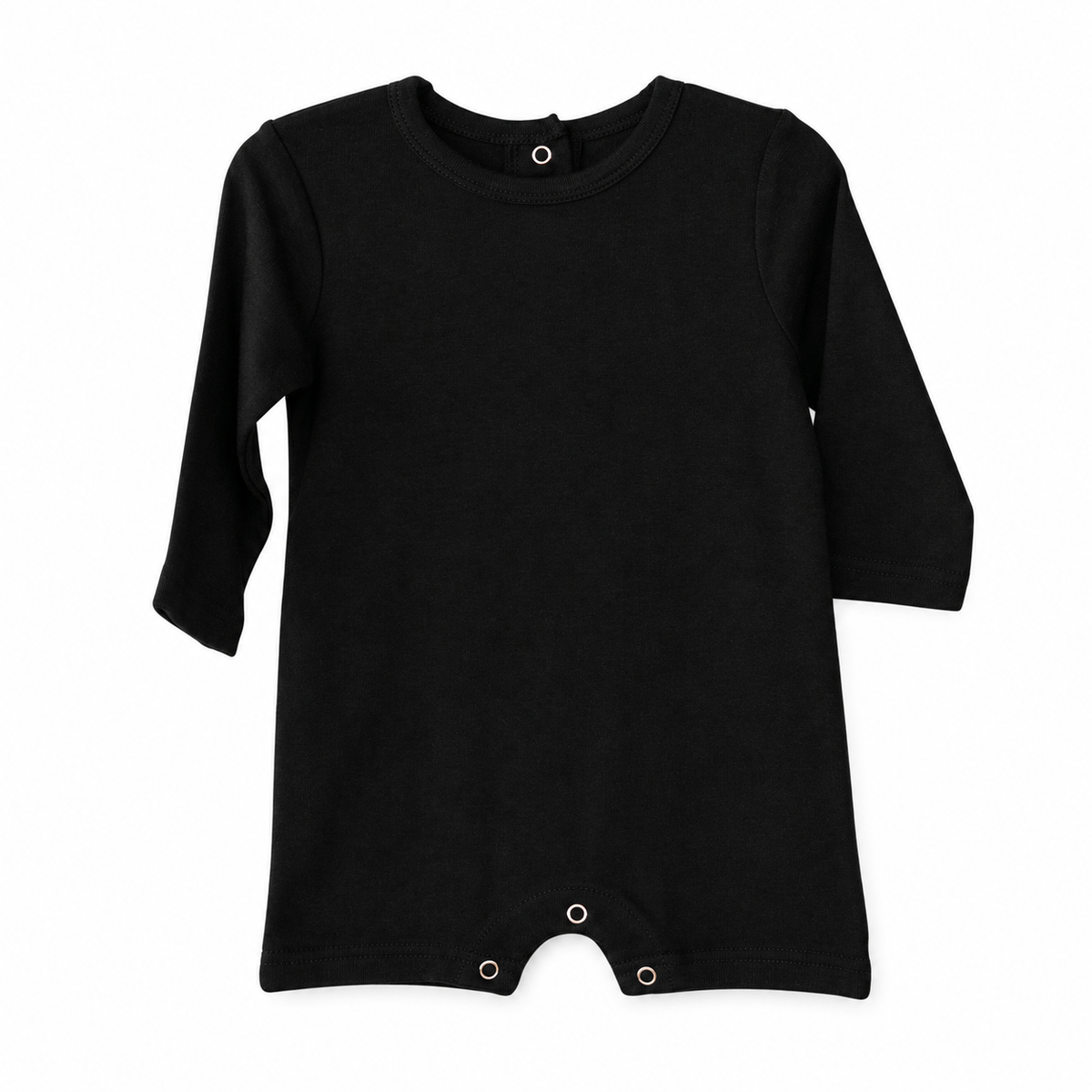 Organic Baby Long Sleeve Romper | Solid Colors in Black, studio product photo on white.