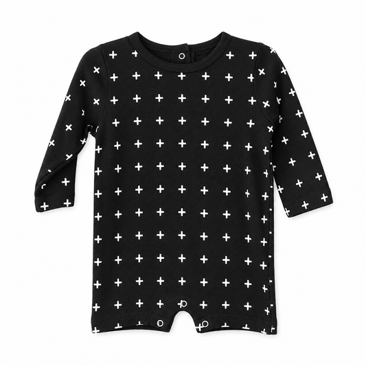 Organic Baby Long Sleeve Romper | Signature Prints in White on Black Swiss Cross, studio product photo on white.
