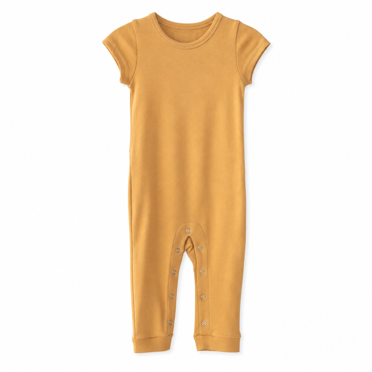 Organic Baby Short Sleeve Explorer Back Jumpsuit | Solid Colors in Honey, studio product photo on white.
