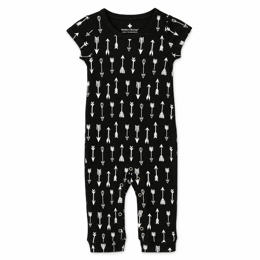 Organic Baby Explorer Back Jumpsuit | Signature Prints in White on Black Arrows, studio product photo on white.