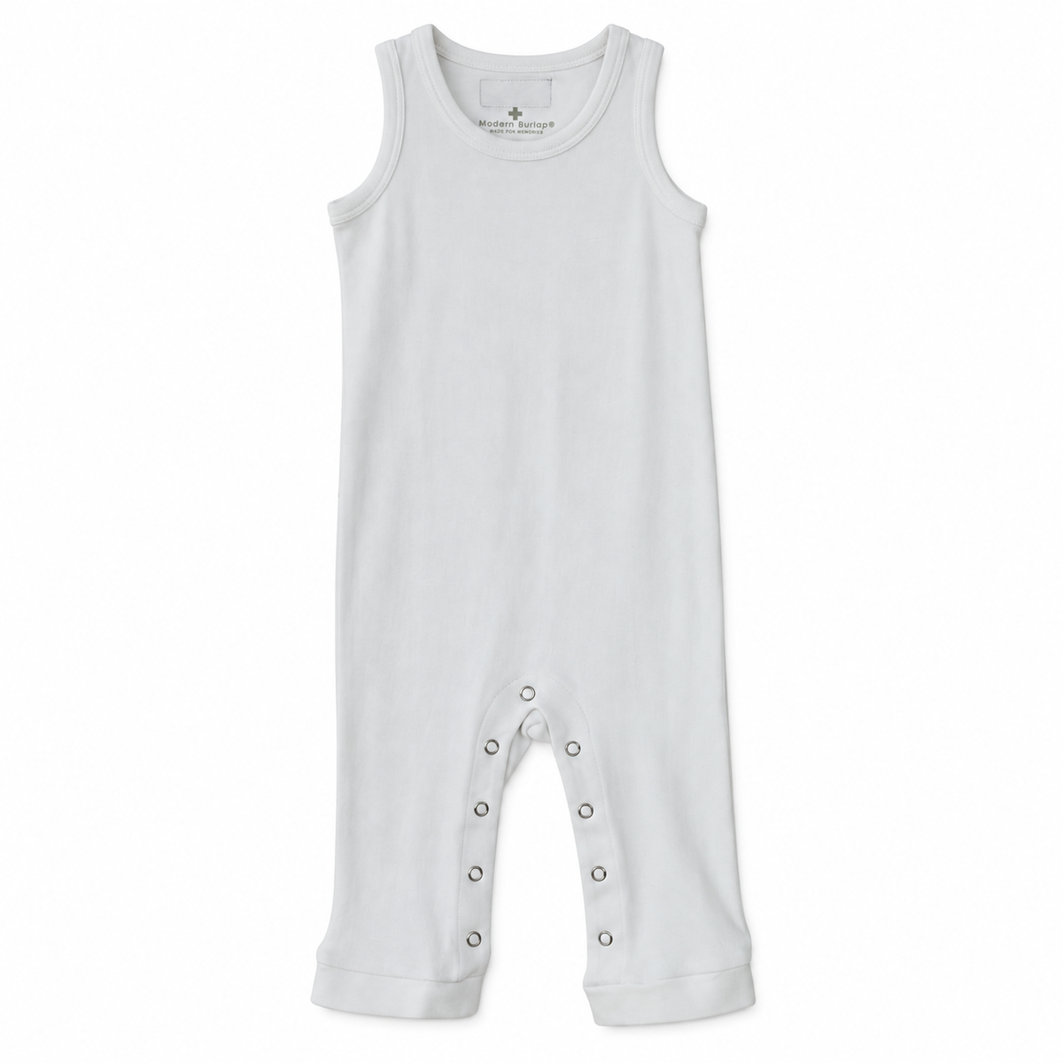 Organic Baby Tank Explorer Back Jumpsuit | Solid Colors in White, studio product photo on white.