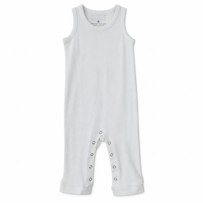 Organic Baby Tank Explorer Back Jumpsuit | Solid Colors in White, studio product photo on white.