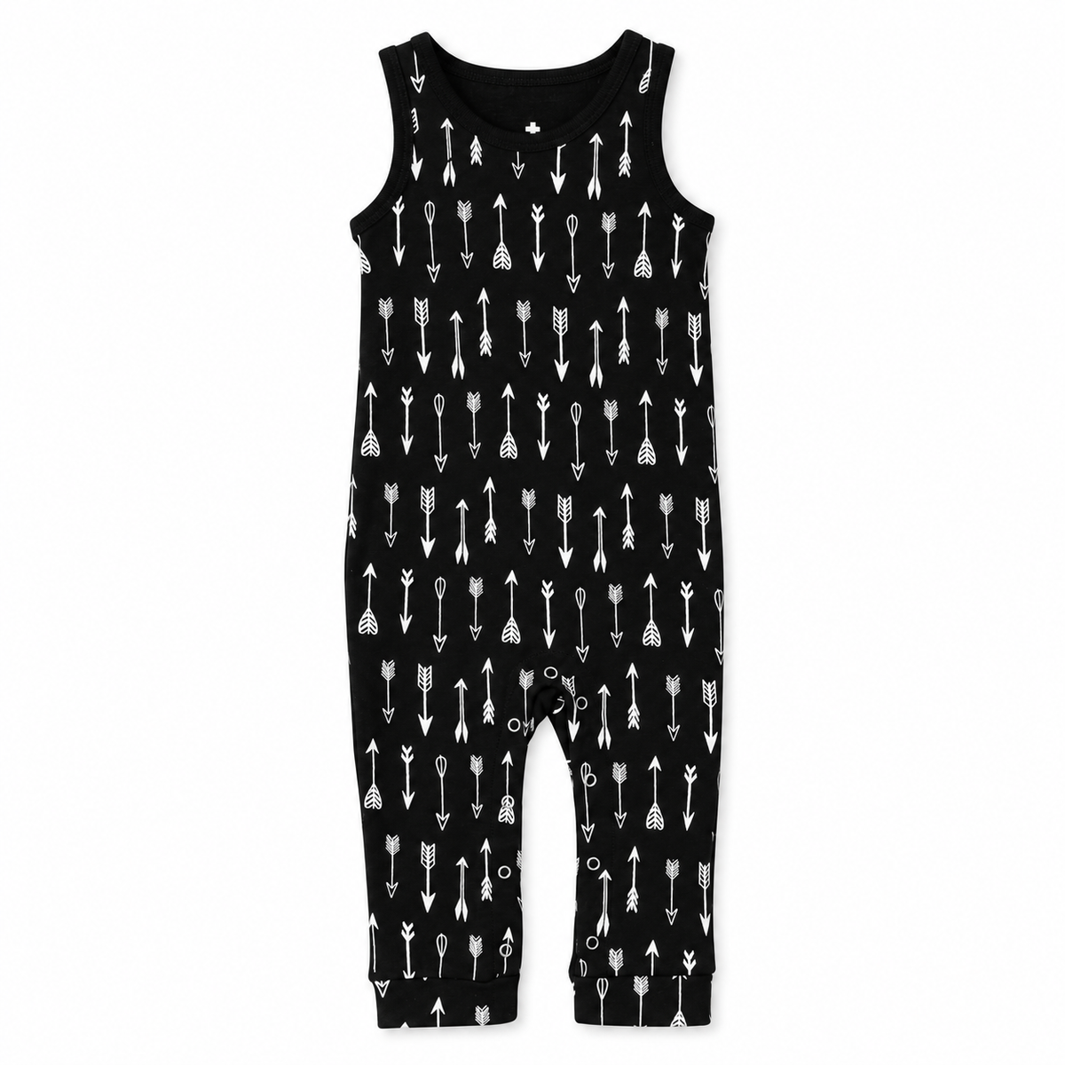 Organic Baby Tank Explorer Back Jumpsuit | Signature Prints in White on Black Arrows, studio product photo on white.