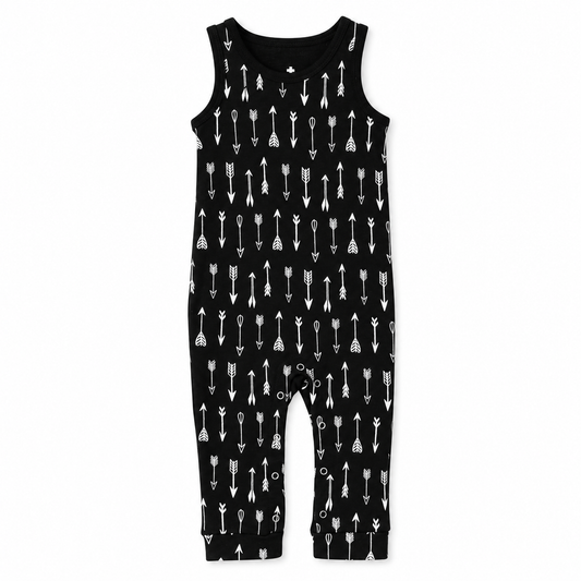 Organic Baby Tank Explorer Back Jumpsuit | Signature Prints in White on Black Arrows, studio product photo on white.