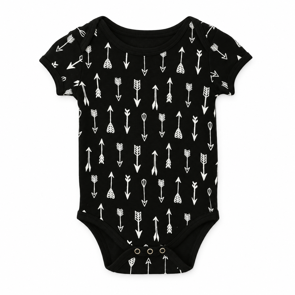 Organic Baby Short Sleeve Bodysuit | White on Black Prints in White on Black Arrows, studio product photo on white.