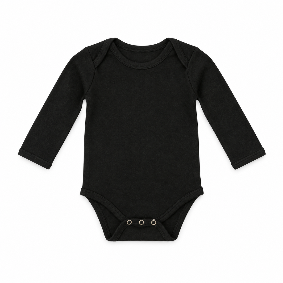 Organic Baby Long Sleeve Bodysuit in Black, studio product view on white.