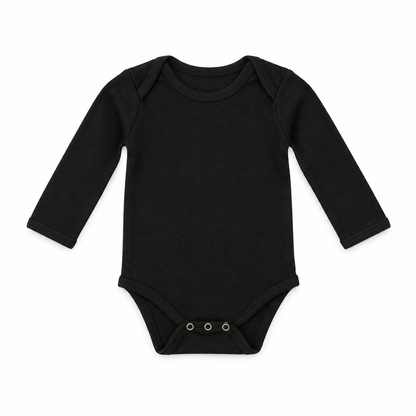 Organic Baby Long Sleeve Bodysuit in Black, studio product view on white.