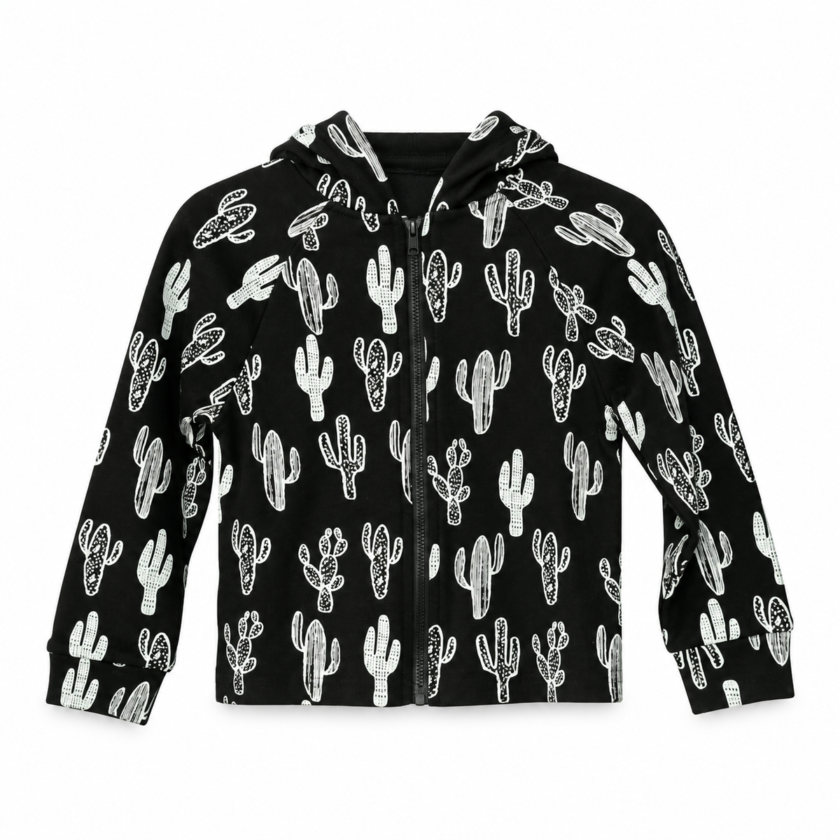 Organic Baby + Kids Zip Hoodie | Signature Prints in White on Black Cactus, studio product photo on white.