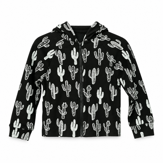 Organic Baby + Kids Zip Hoodie | Signature Prints in White on Black Cactus, studio product photo on white.