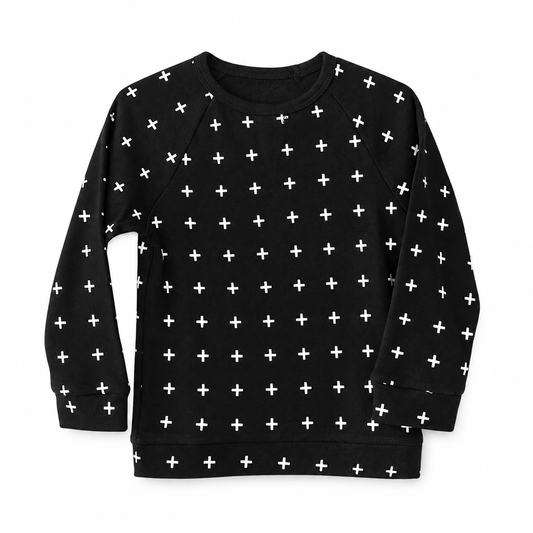 Baby + Kids Organic Lightweight Sweatshirt | Signature Prints in White on Black Swiss Cross, studio product photo on white.
