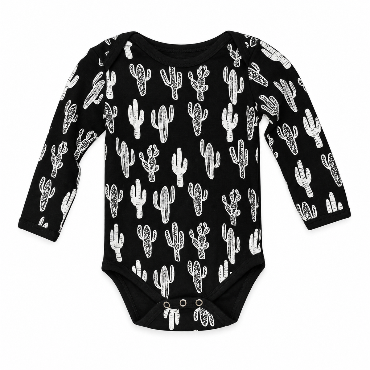 Organic Baby Long Sleeve Bodysuit | Signature Prints in WHITE ON BLACK CACTUS, studio product photo on white.