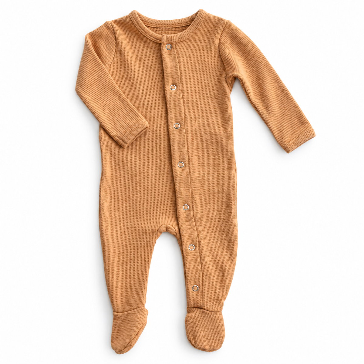 Organic Baby Thermal Explorer Back Button Footie | Solid Colors in Ginger, studio product photo on white.