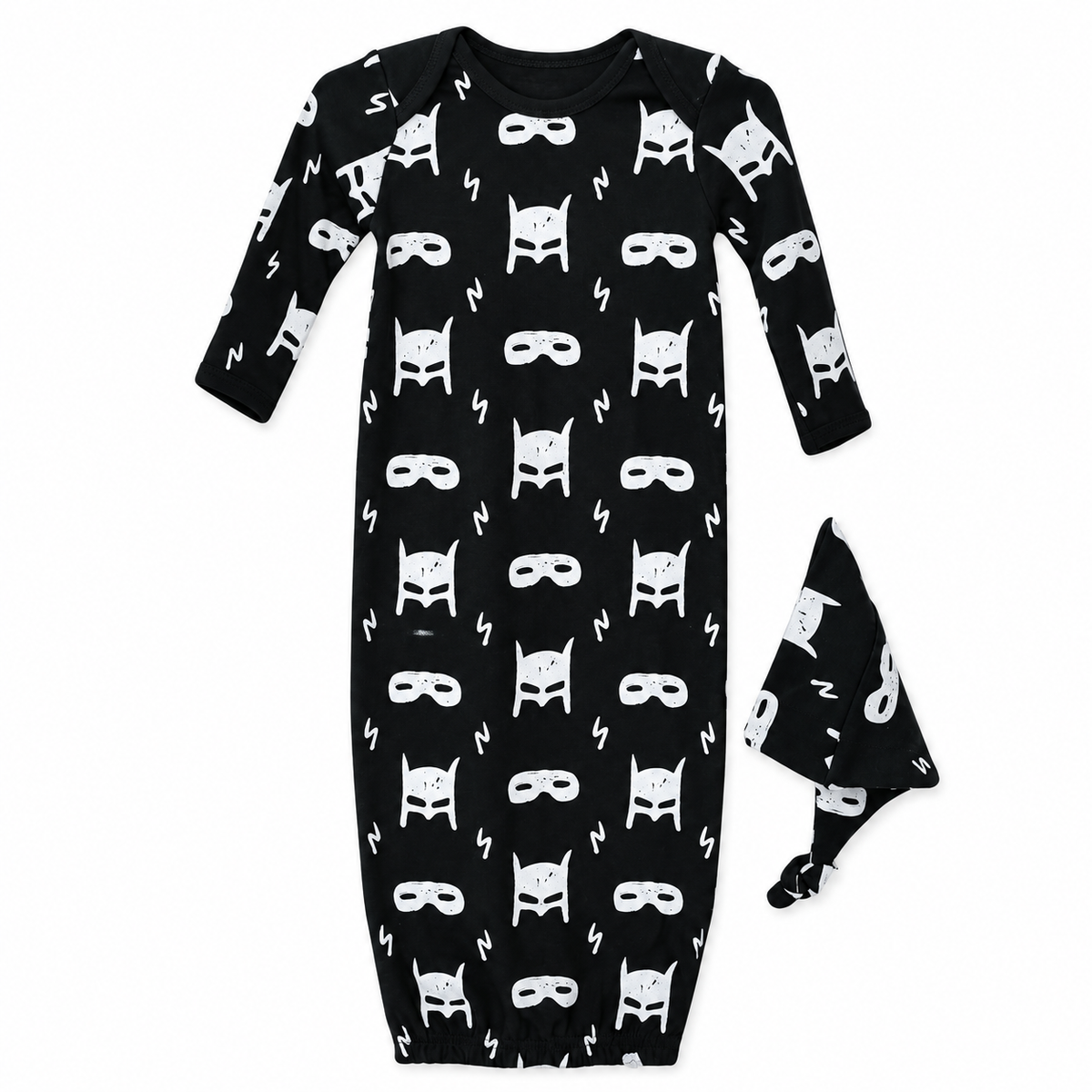 Organic Baby Knot Hat + Gown Set | Signature Prints in Black Hero Struck ©, studio product photo on white.