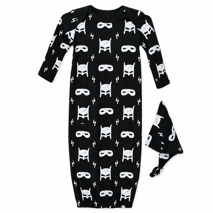 Organic Baby Knot Hat + Gown Set | Signature Prints in Black Hero Struck ©, studio product photo on white.