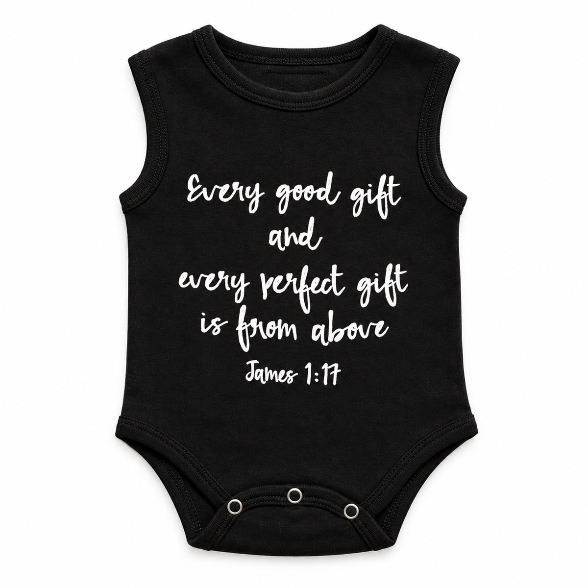 James 1:17 Organic Baby Tank Bodysuit in James 1:17, studio product photo on white.